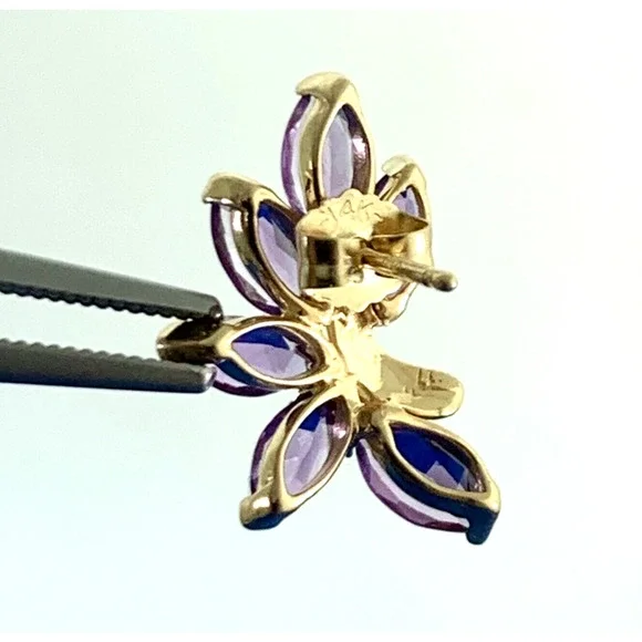 Designer TK 14K Yellow Gold Marquise Amethyst Floral Statement Stud Earrings